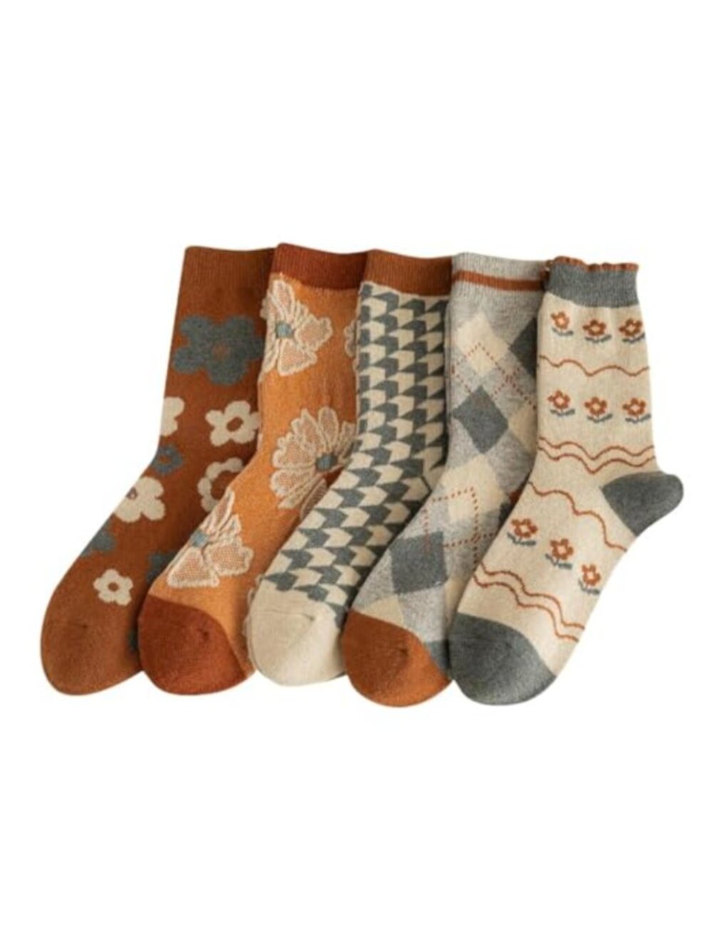 Wool Blend Floral Crew Socks Thick Knit Vintage Cute Women's